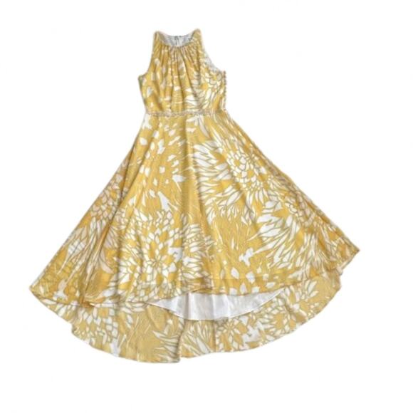 Badgley Mischka Dress Yellow White Paradiso Sleeveless Beaded Waist Midi Size 4 - Picture 3 of 13